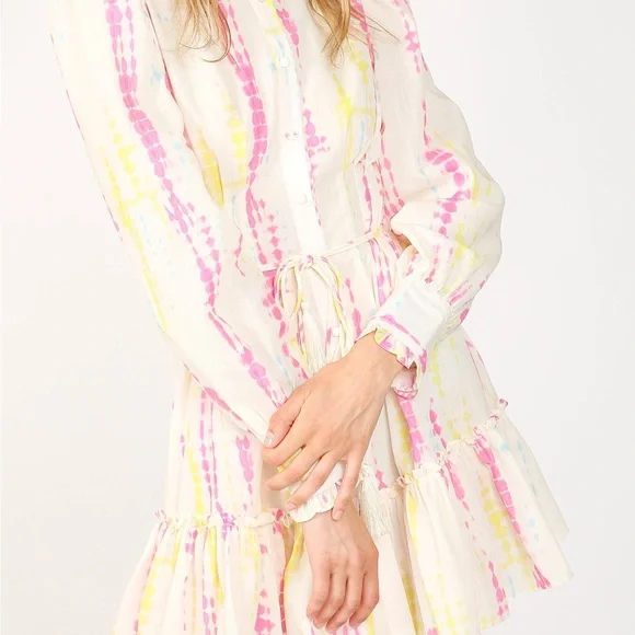 NWT Beulah Women's SZ L Shirt-dress Tie-Dye Bishop Sleeve Tiered Preppy Dress - Picture 6 of 9